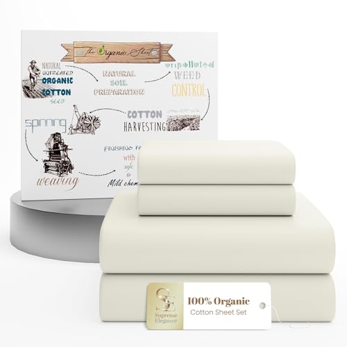 Light Ivory Organic 100% Cotton Full Bed Sheets – Ultra Light, Breathable, Cool & Crisp – Wicks Away Moisture, Deep Pocket, Fully Elasticized – 4 Piece Sheet Set, Fits up to 18” Mattress SUPREME ELEGANCE