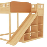 Bellemave Bunk beds Full Over Full with Slide and Stair and upholstered headboard, Low bunk/loft Bed for Kids，Natural Bellemave