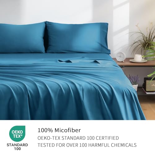 ILVOE King Size Sheet Set, King Size Bed Sheets 4 Pieces, Breathable and Soft Hotel Style Sheets Set, Microfiber Sheets with Deep Pockets, Easy Care, Peacock Blue ILVOE