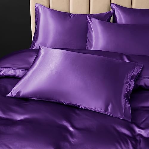 P Pothuiny 5 Pieces Satin Duvet Cover Full/Queen Size Set, Luxury Silky Like Purple Duvet Cover Bedding Set with Zipper Closure, 1 Duvet Cover + 4 Pillow Cases (No Comforter) P Pothuiny