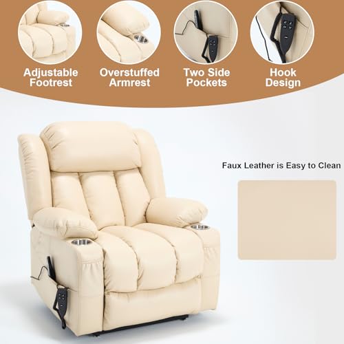 RHHVVR Electric Lift Chair Oversized, Dual Motor Power Lift Recliner Faux Leather Sofa with 8-Point Vibration Massage and Lumbar Heating, Stainless Steel Cup Holders for Elderly, Medium-Firm, Beige RHHVVR