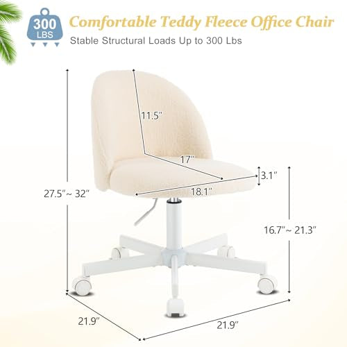 VINGLI Candy Chair Armless Cute Desk Chair,Comfy Small Office Chair with Wheels,Vanity Chair Lumbar Support,Teddy Adjustable Rolling Swivel Computer Task Chair for Home Office,Bedroom,Creamy Beige VINGLI