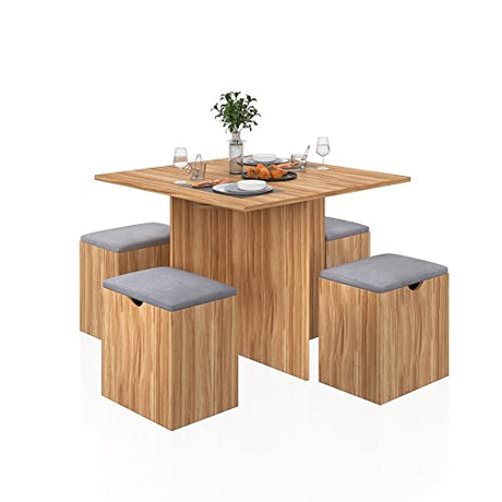 Mondeer 5-Piece Dining Table Set, Small Kitchen Table Set with 4 Stools Compact Space-Saving for Dining Room Kitchen Modern (Red Oak and Grey) Mondeer