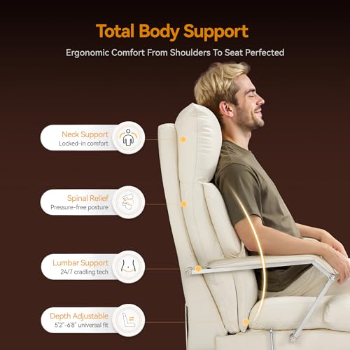 OKUP® M76 Recline Office Chair with Footrest, 160° Infinite Reclining 10" Thick Executive Desk Chair, 420lb Heavy Duty Big and Tall, Adjustable Seat Depth, Cream OKUP