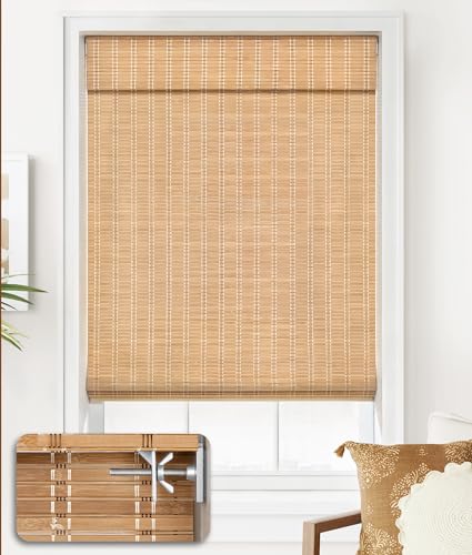 LazBlinds No-Tools Cordless Bamboo Roman Shades - Light Filtering Window Treatment 26'' W x 64'' H, Brown LazBlinds
