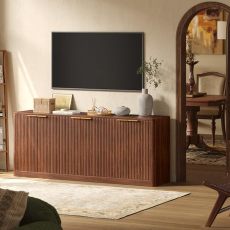 Evermagin 67" Fluted Walnut Buffet Cabinet Sideboard with Storage, Large Credenza with 6 Doors, Wood Mid Century Modern Sideboard for Kitchen and Living Room (67" W*31.5" H*15.7" D) Evermagin