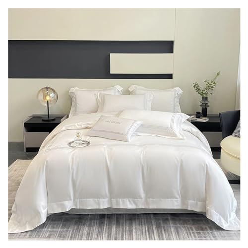 YUSIWOAL Cotton Bedding Set Home Textile Three Lines Embroidery Luxurious Pillowcase Sheet Quilt Cover Twin/Queen/Single Bed,Summer Duvet Cover sets(Bianco,Queen size 1.8M Bed 4pcs) YUSIWOAL