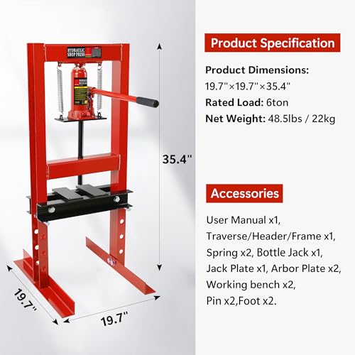 6 Ton Shop Press, H-Frame Garage Floor Adjustable Hydraulic Shop Press with Stamping Plates to Bend, Straighten, Or Press Parts, Install Bearings & U-Joints - WoodArtSupply