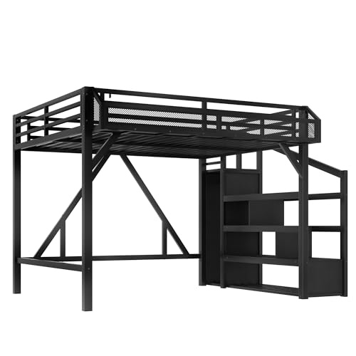 Bellemave Queen Loft Bed with Stairs and Wardrobe, Queen Size Loft Bed with Charging Station, Lights and Bedside Shelf, Heavy Duty Loft Bed Frame for Adults, Teens, Kids, Noise Free, Black Wood Bellemave