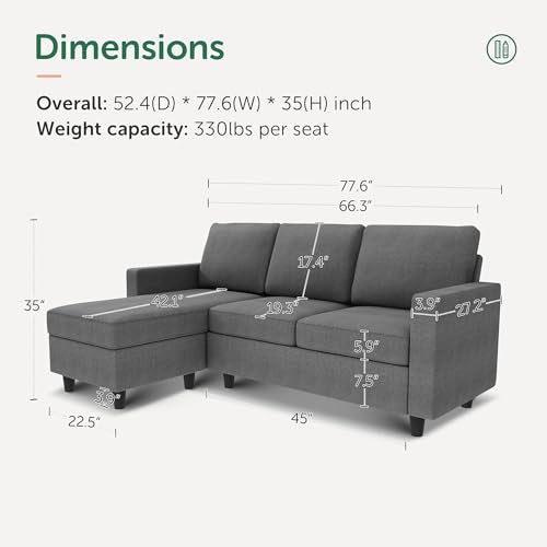 HONBAY Convertible Sectional Sofa, Convertible L Shaped Couch with Reversible Chaise, Sectional Couch for Small Space Apartment, Grey HONBAY
