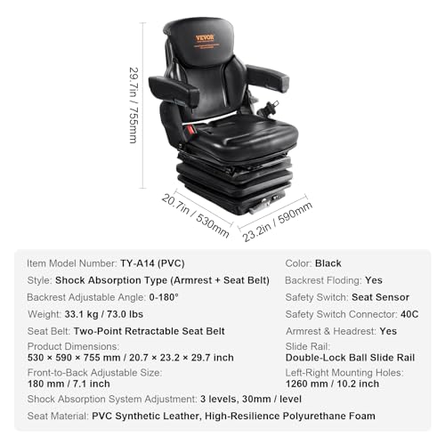 VEVOR Universal Tractor seat Suspension, Fold Down Forklift Seat with Adjustable Angle Back, Micro Switch, Seatbelt and Armrests, 3-level Shock Absorption Tractor Seat for Tractor Loader Excavator VEVOR