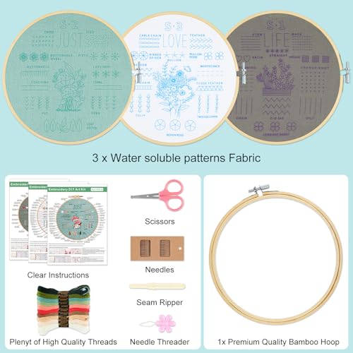 KintKita 3 Sets Embroidery Kit for Beginners to Learn 36 Basic Embroidery Stitches Practice Kit,Hand Embroidery Cross Stitch Kits for Beginners with Embroidery Patterns, Hoop,Threads,Tools