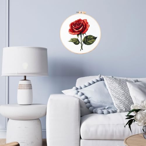 DIY Cross Stitch Kits Red Rose Easy for Beginners with Hoop 11CT Needlepoint Embroidery Stamped Counted Cross Stitch Set Craft Wall Decor 20x20cm-2