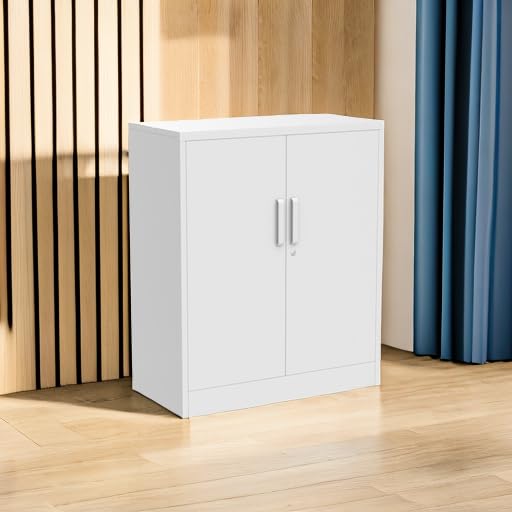 Yizosh Metal Garage Storage Cabinet with 2 Doors and 2 Adjustable Shelves - 35.5" Steel Lockable File Cabinet,Locking Counter Cabinet for Home Office,Garage,Gym,School (White) Yizosh