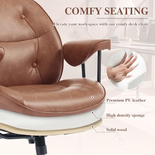 Home Office Desk Chair Retro Faux Leather Chair with Lumbar Support &Rubber Wheels, Mid Back Ergonomic Computer Chair Swivel Rolling Work Chair Coolka