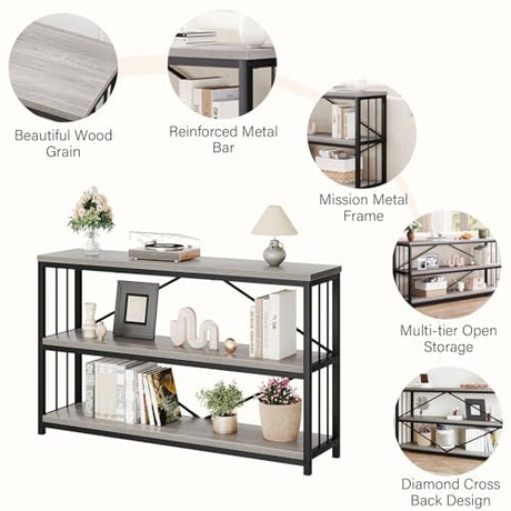 LVB Farmhouse Entryway Table, Metal Wood Console Table for Hallway, Industrial Rustic Sofa Table with 3-Tier Storage Shelf, Modern Entry Table for Foyer Front Home Living Room, Light Grey Oak, 47 inch LVB