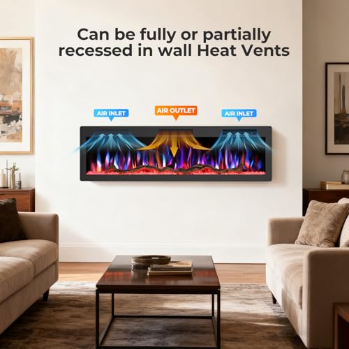 R.W.FLAME 60" Recessed and Wall Mounted Smart Electric Fireplace, Alexa/WiFi Enabled, APP Control with Multiple Sound Modes, Remote Control with Timer, Adjustable Flame Colors and Speed R.W.FLAME