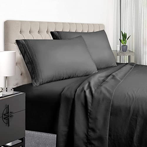 EaseHome Queen Size Bed Sheets Set - Extra Soft Luxury Brushed Microfiber Queen Bed Sheets with 18 inch Deep Pocket - Comforterble Wrinkle Fade and Hypoallergenic- 4 Piece (Queen,Black) EaseHome