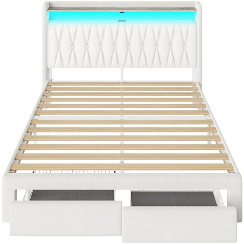 Rolanstar Full Bed Frame with Drawers, Storage Headboard with Charging Station and LED Lights, Upholstered Bed with Heavy Duty Wood Slats, No Box Spring Needed, Noise Free, Easy Assembly, Beige Rolanstar