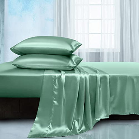 Manyshofu Satin Queen Sheets 4 Piece Set - Luxury Cooling Bedding Set, Sage Green - Fitted Sheet, Flat Sheet, 2 Pillow Cases Manyshofu