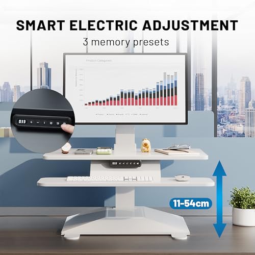 Electric Standing Desk Converter 28" Wide, Height Adjustable Desk Riser, Computer Workstation, Sit-Stand Convertor for Home, Office, School (White, 1 Arm Included) UP/SIT DASK