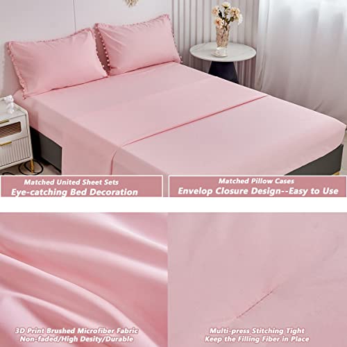 PERFEMET 5 Pcs Pink Pom Pom Comforter Twin Size Aesthetic Boho Pom Fringe Bedding Set with Sheet Ultra Soft Lightweight Farmhouse Bedding Quilt Set for Girls Kids(Pink, Twin) PERFEMET