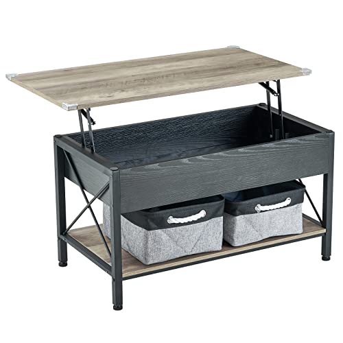 VINGLI 36" Lift Top Coffee Table with Free Cloth Storage Bins, Rustic Framhouse Grey Coffee Table for Living Room, Small Modern Coffee Table for Small Space in Minimalistic Style, Gray VINGLI