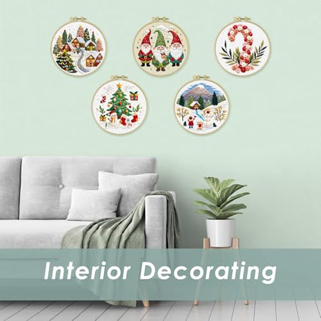 ERKOON Embroidery Kit for Beginners, 5 Sets Christmas Cross Stitch Set for Adults Include Embroidery Cloth Hoops Threads for Craft Lover Hand Stitch with Skill Techniques (Christmas#2) ERKOON