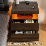 HOMMPA LED Nightstand with Wireless Charging Station & USB Ports High Gloss Bedside Table with LED Light RGB Adjustable Brightness Smart Nightstand 2 Drawers Night Stand for Bedroom Walnut HOMMPA