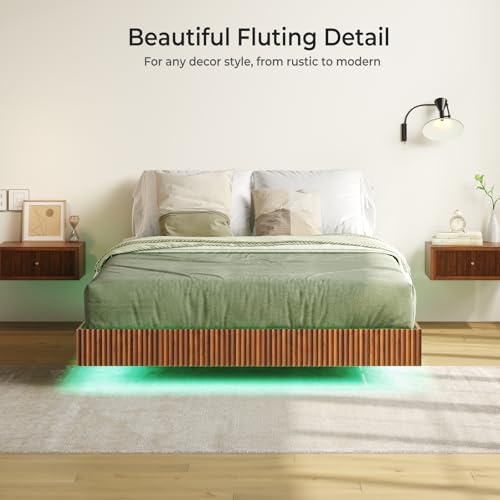 Tatub Walnut Full Floating Bed Frame with LED Lights, Fluted Mid Century Modern Floating Platform Bed with Heavy Duty Metal Slats, No Box Spring Needed Tatub