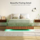 Tatub Walnut Full Floating Bed Frame with LED Lights, Fluted Mid Century Modern Floating Platform Bed with Heavy Duty Metal Slats, No Box Spring Needed Tatub