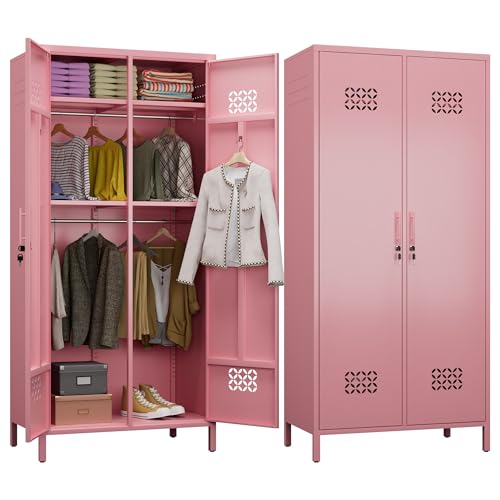 METAN 71" H*33.5" W*20" D Metal Wardrobe Closet with Lock,Extra Deep 2 Doors Metal Wardrobe Cabinet for Home,Assembly Required,Pink METAN