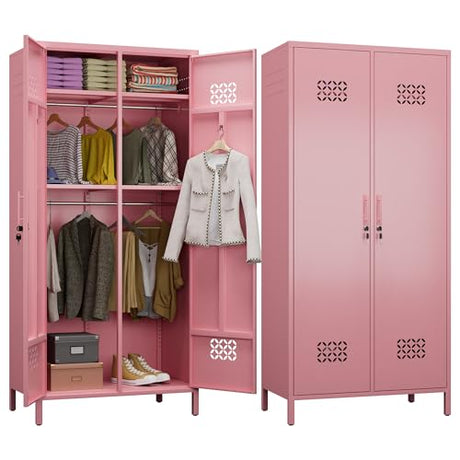 METAN 71" H*33.5" W*20" D Metal Wardrobe Closet with Lock,Extra Deep 2 Doors Metal Wardrobe Cabinet for Home,Assembly Required,Pink METAN