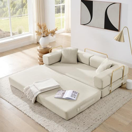 4-in-1 Folding Convertible Sofa Bed, 78 Inch Boneless Couch with Fixed-Shape Frame, Corduroy Loveseat Sleeper with Pull Out Bed, Floor Sofa Modular Futon Couch for Living Room Bedroom Lounge (Beige) ivoros