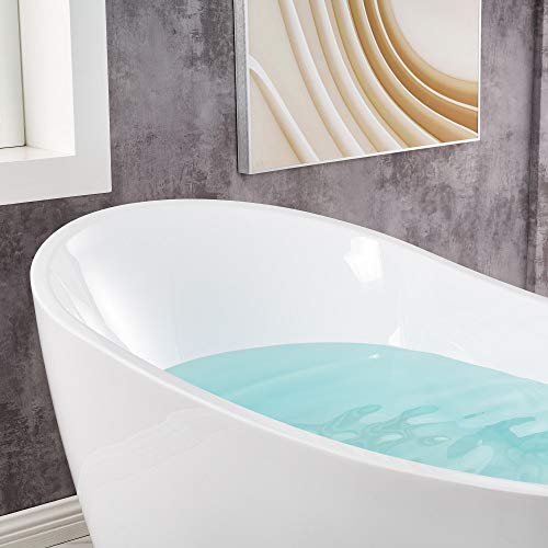 WOODBRIDGE 59" Acrylic Freestanding Bathtub Contemporary Soaking White Tub with Brushed Gold Overflow and Drain，BTA1516-BG-Drain-&O WOODBRIDGE