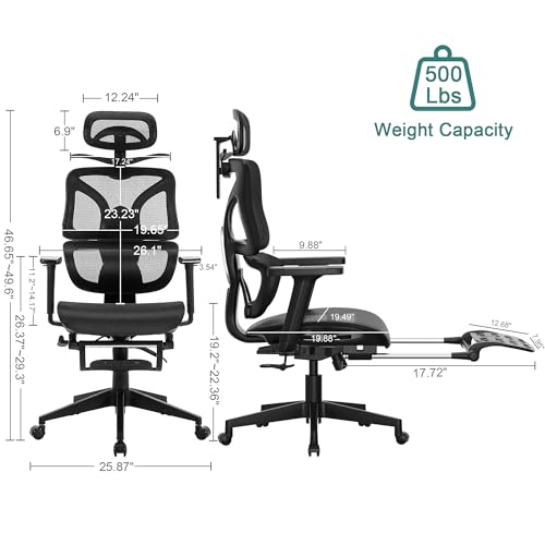 VECELO Swivel Ergonomic High Back Mesh Office Chair with Retractable Footrest, Adjustable Backrest, Tilt Function, 3D Armrests & Headrest, Lumbar Support for Executive/Computer Desk/Task Work, Black VECELO
