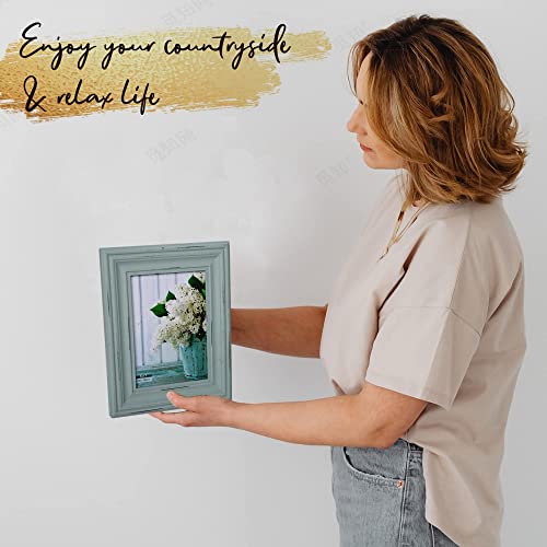 Buecasa Rustic 5x7 Inches Wooden Picture Frame Pack of 2 Vintage Cyan and White in Gift Box - Distressed Wood High Definition Glass Photo Frame Outside 7.9x9.9 Inches - 2 Way Display Tabletop or Wall Buecasa