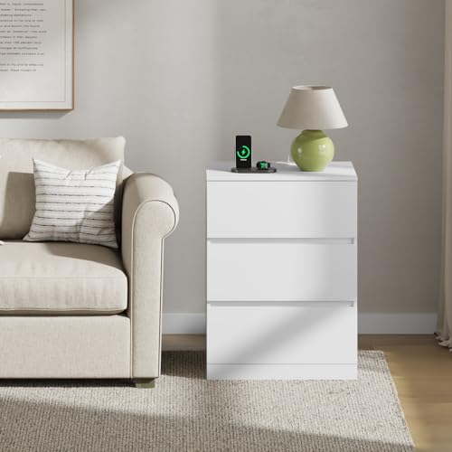 Draelibor Nightstand, 4 Drawers, 26" H with Hidden Drawer, Bedside Table with Charging Station, Modern Night Stand for Bedroom, White Draelibor