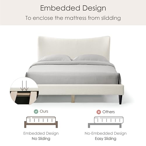 Vivienne Contemporary Boucle Fabric Queen Size Platform Bed Frame with Adjustable Curved Headboard and Solid Wood Legs - White Furniture of America