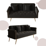 Modern Velvet 2 in 1 Futon Sofa Bed,Convertible Folding Sleeper Bed Couches with 2 Pillows,63" Tufted Recliner Love Seat with Golden Chrome Legs for Living Room Apartment Office (Black) Anwick