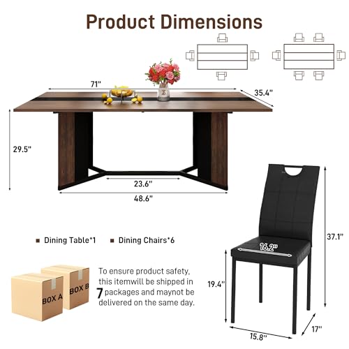 chartustriable 7PCS Dining Table Set for 4 5 6 People, 71" Large Long Wooden Kitchen Table with 6 Chairs (Brown, 71IN Table+6 PCS Chairs) chartustriable