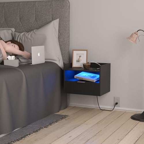 Veegle White Floating Nightstand with Charging Station and LED Lights (Black) Veegle