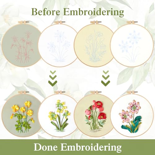 LOMOHOO 4 Sets Ribbon Flower Embroidery Kit for Beginners, Needlepoint Stamped Cross Stitch Starter Kits, Stitch Learning DIY Kit with Floral Pattern, Thread, Hoops, Colorful Ribbons Flower