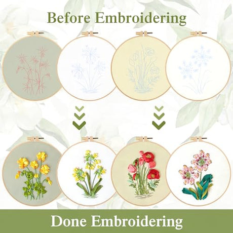 LOMOHOO 4 Sets Ribbon Flower Embroidery Kit for Beginners, Needlepoint Stamped Cross Stitch Starter Kits, Stitch Learning DIY Kit with Floral Pattern, Thread, Hoops, Colorful Ribbons Flower LOMOHOO