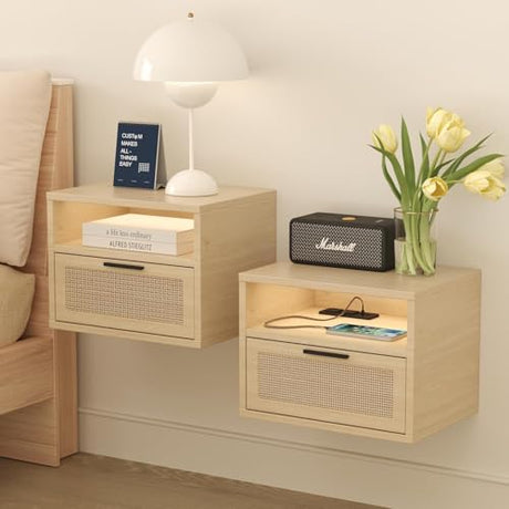 iyrany Floating Nightstand Set of 2 with Charging Station, USB Ports & Outlets, Wall Mounted Nightstands with Drawer and LED Light Strip, Small Oak Rattan Bedside Shelves iyrany
