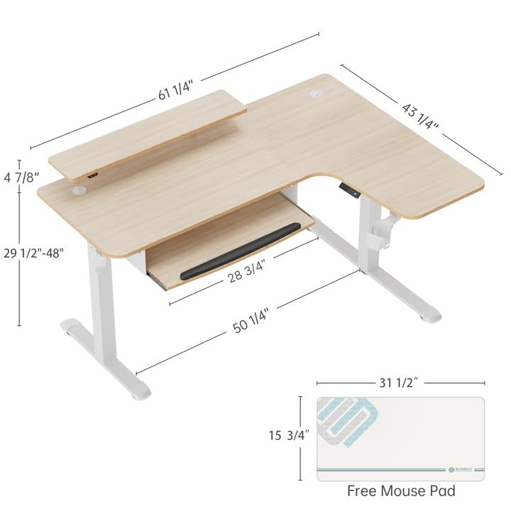 EUREKA ERGONOMIC Standing Desk Adjustable Height 61" Electric Sit Stand Computer Desk L Shaped with Keyboard Tray,Monitor Stand &LED, Dual Motor Memory Presets Sit to Desk Adjustable Desk, Right/Maple EUREKA ERGONOMIC