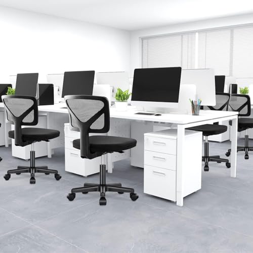 DUMOS Armless Office Chairs with Wheels, Ergonomic Adjustable Home Desk Swivel Rolling Task Chair No Arms, Comfy Mesh Mid Back Computer Work Vanity Desk Chairs for Small Spaces, Dark Black DUMOS