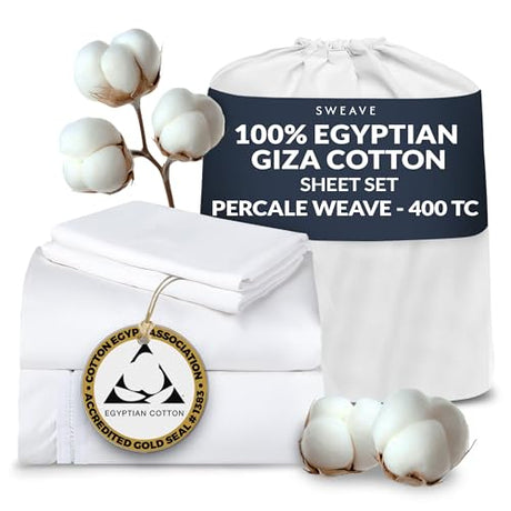 Sweave 100% Egyptian Cotton Percale Sheets Twin Size - Genuine Luxurious 400 Thread Count - Naturally Crisp, Breathable, Skin-Friendly & Cooling - Softer After Each Wash - Oeko-TEX Certified Giza Sweave