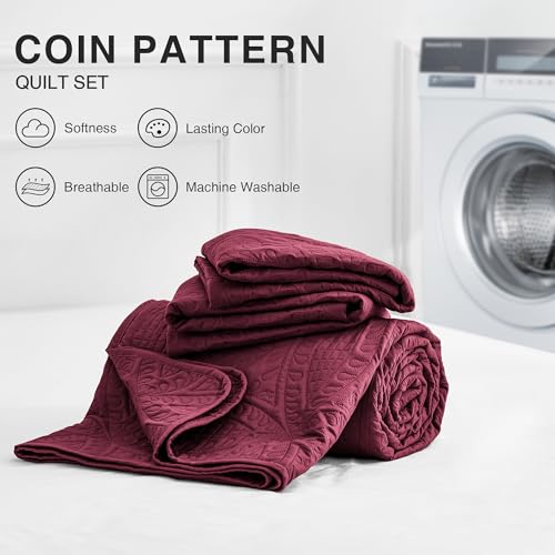 Love's cabin California King Size Quilt Bedding Set Burgundy Bedspreads - Cal King Lightweight Bedspread Comforter - Coin Pattern Coverlet for All Season - 3 Pieces (1 Quilt, 2 Pillow Shams) Love's cabin
