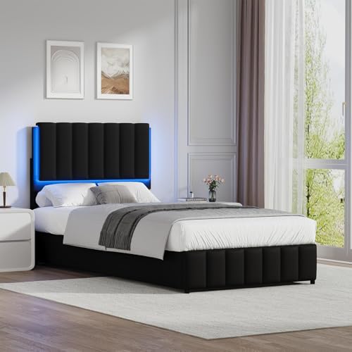 REVOMINCA Twin Upholstered Bed Frame with LED Lights, Faux Leather Platform Bed with Headboard and Wooden Slats Support, No Box Spring Needed, Noise-Free, Easy Assembly, Black REVOMINCA
